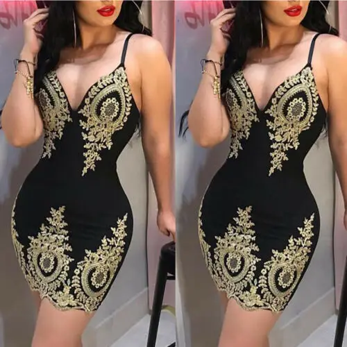 Women\'s Bandage Bodycon V-neck Sleeveless Embroidery Sexy arrival Dress Evening Party Club Short Mini Dress