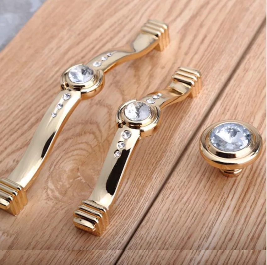

96mm 128mm Modern Fashion Deluxe Rhinestone Furnityure Handles Golden Glass Crystall Kitchen Cabinet Dresser Drawer Knob Handle