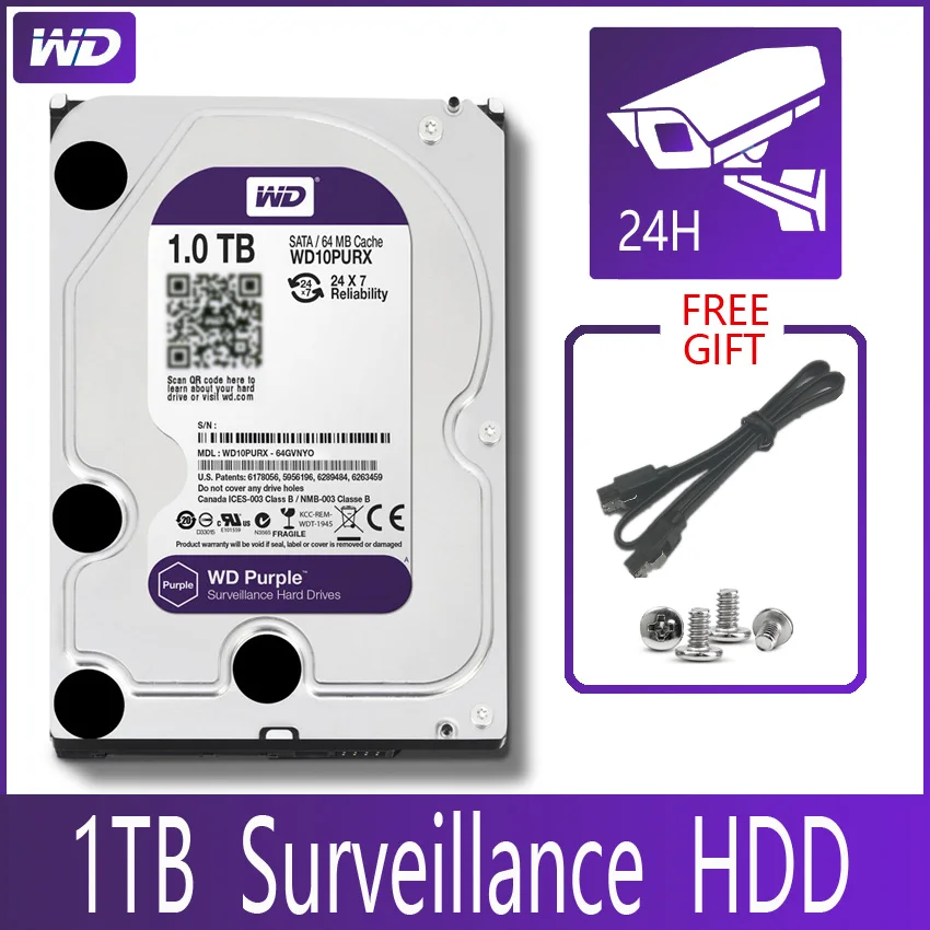 WD PURPLE Surveillance 1TB ฮาร์ดดิสก์ SATA III สำหรับระบบกล้องวงจรปิด ประสิทธิภาพสูง รองรับการบันทึกต่อเนื่อง 24/7