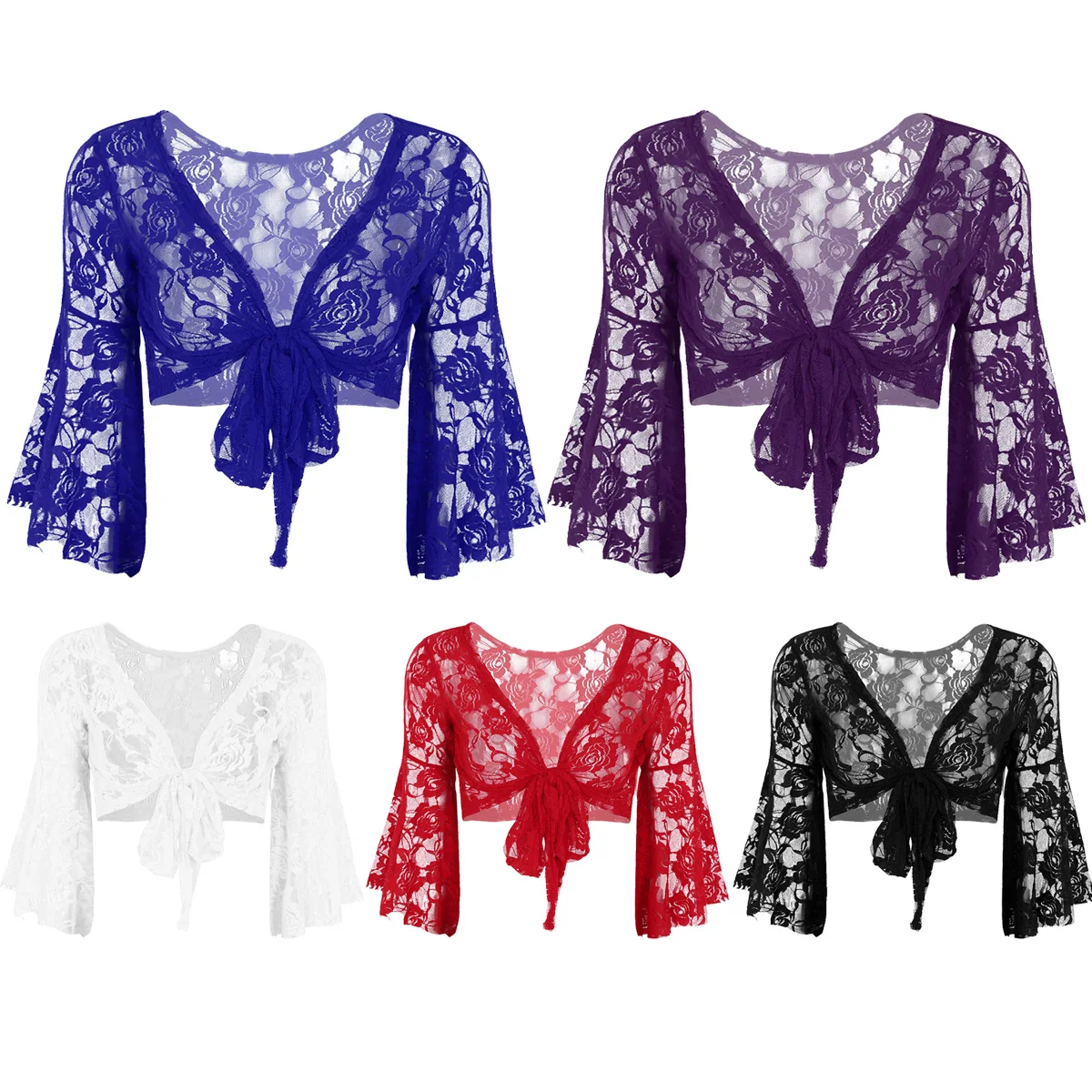 Frauen Lange Flare Hülse Floral Spitze Top Bauchtanz Kostüm Spitze-up Schmetterling Shrug Ballett Gymnastik Abdeckung Up Cardigan wraps