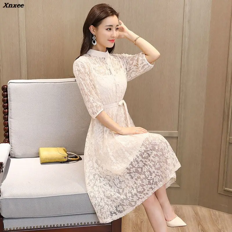 

2018 Women Vintage Tunic Lace Dress Female Robe Casual Party Dresses Half Sleeve Swing Summer A-line Dresses vestidos Xnxee