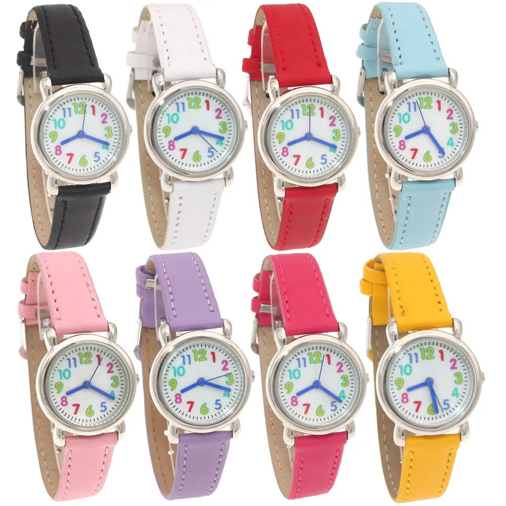 10pcs/Lot, Mixed Bulk Coloured Dial Kids Watches Girl Boy Children's Gift Leather Quartz Student Kids Wristwatch Child Gifts
