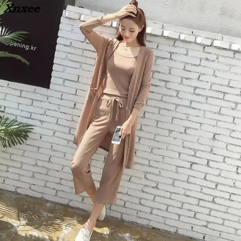 Casual women's sets 3 pieces knitted set pullover tops+long sleeve cardigan sweater+ankle-length pants fall Knitted outfit suits