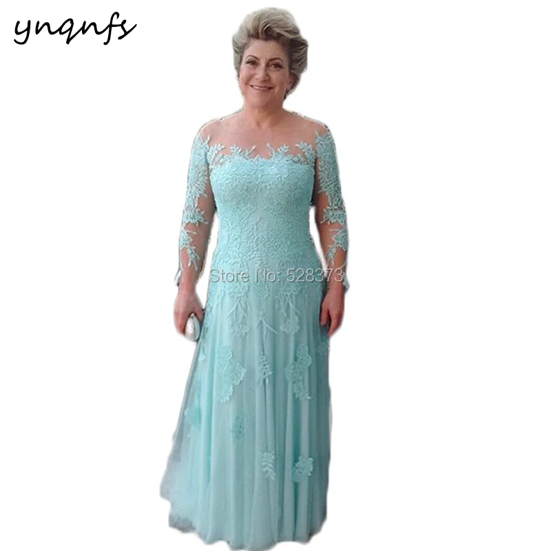 YNQNFS – robe de mère de la mariée bleue glacée à manches longues, en grande taille, robe de soirée formelle, 2019, M147