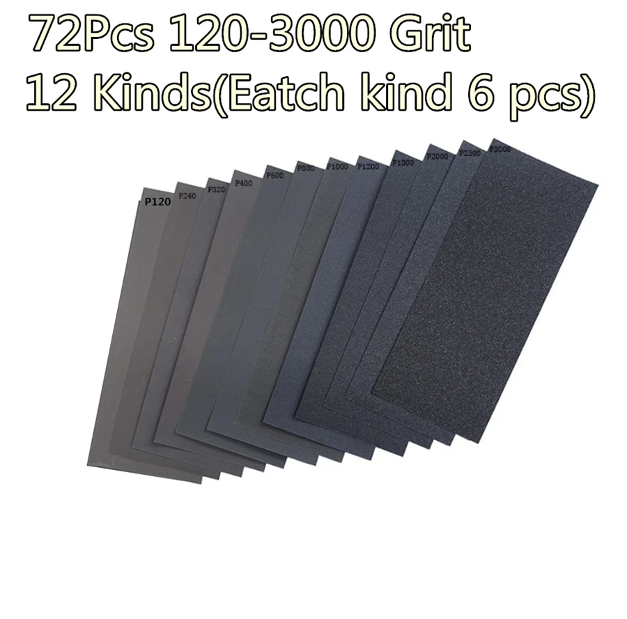 72Pcs/Set Wet Dry Sandpaper 120-3000 Grit Assortment Abrasive Sanding Paper