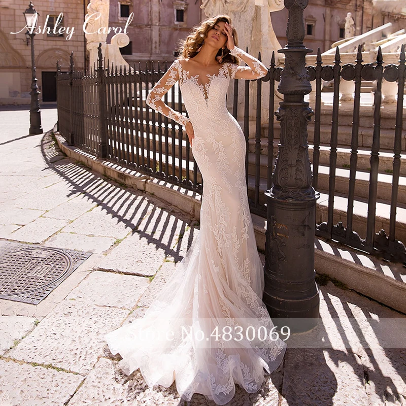 أشلي كارول حورية البحر فستان الزفاف ذيل قابل للانفصال 2 في 1 كم طويل مثير يزين فساتين العروس فستان زفاف عتيق