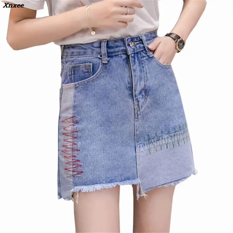 

Women Summer Patchwork High Waist denim skirts vintage pockets faldas European style ladies fashion mini A-line skirts Xnxee