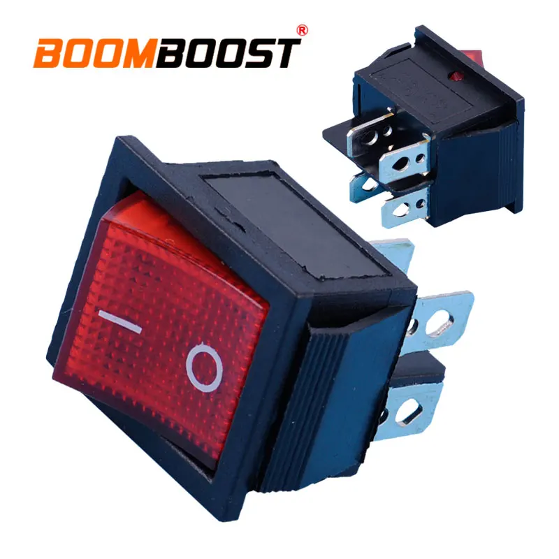 Car Motorcycle Boat Power Control Rocker Switch On-Off 2 Position 4 Pin Terminals Snap-in AC 110V-220V Red Indication Light