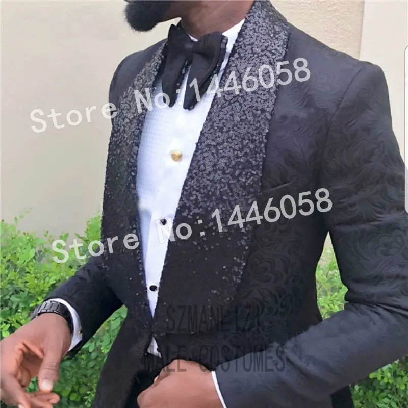 

2019 New Design Formal Party Suit Men Groom Tuxedos Costme Homme Terno Blazer Sequin Lapel Black Men Wedding Suits Best Man Suit