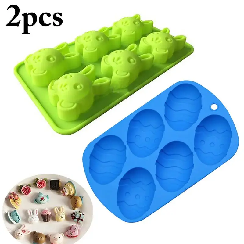 2PCS Easter Cake Mold Fondant Decoration Tool 6 Grids Cute Bunny Dinosaur Egg Shape Chocolate Mold Baking Mould Random Color