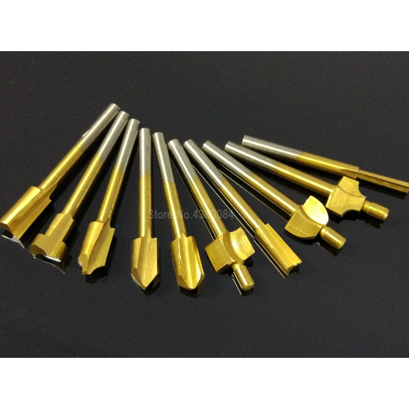 10 pçs conjunto caixa-embalado ferramentas de corte de madeira hss titânio escultura entalho fresa 1/8 "haste circular para dremel ferramenta