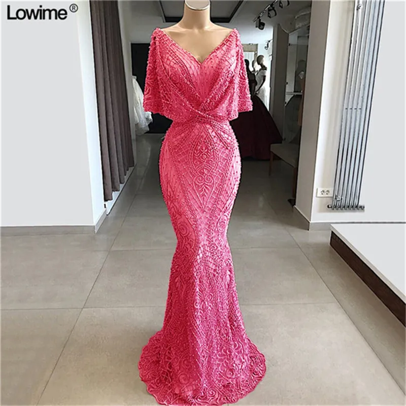 2019 Nuovo Dubai Abiti Da Sera Convenzionale Della Sirena Arabo Pizzo Con Scollo A V Prom Abiti Del Partito Con Perline Lungo Robe De Soiree Custom fatto