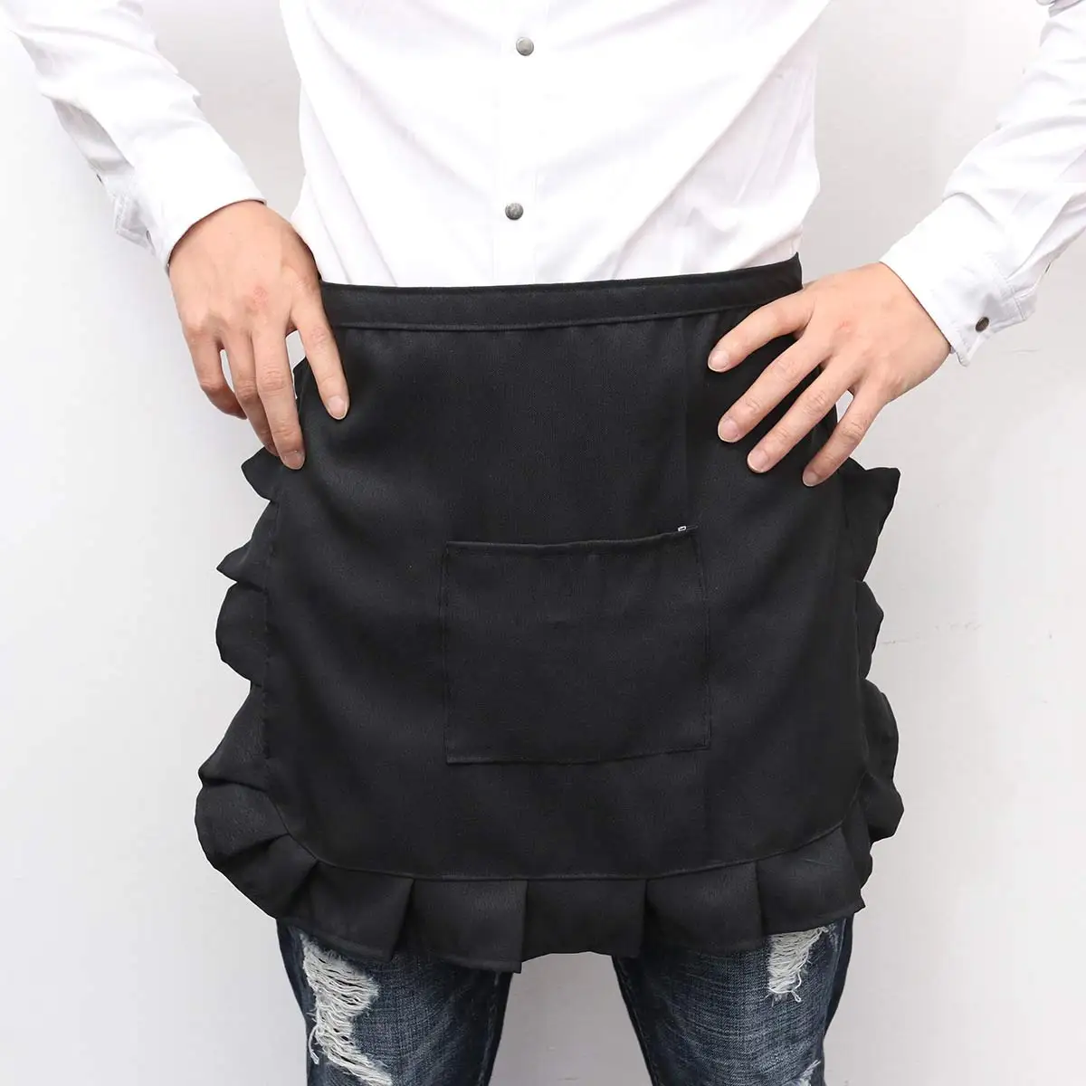 1pc Short Waist Kitchen Apron Lace Half Waist Bib Maid Costume With Pocket Kitchen Party Favors For Women Waitress (White Black)