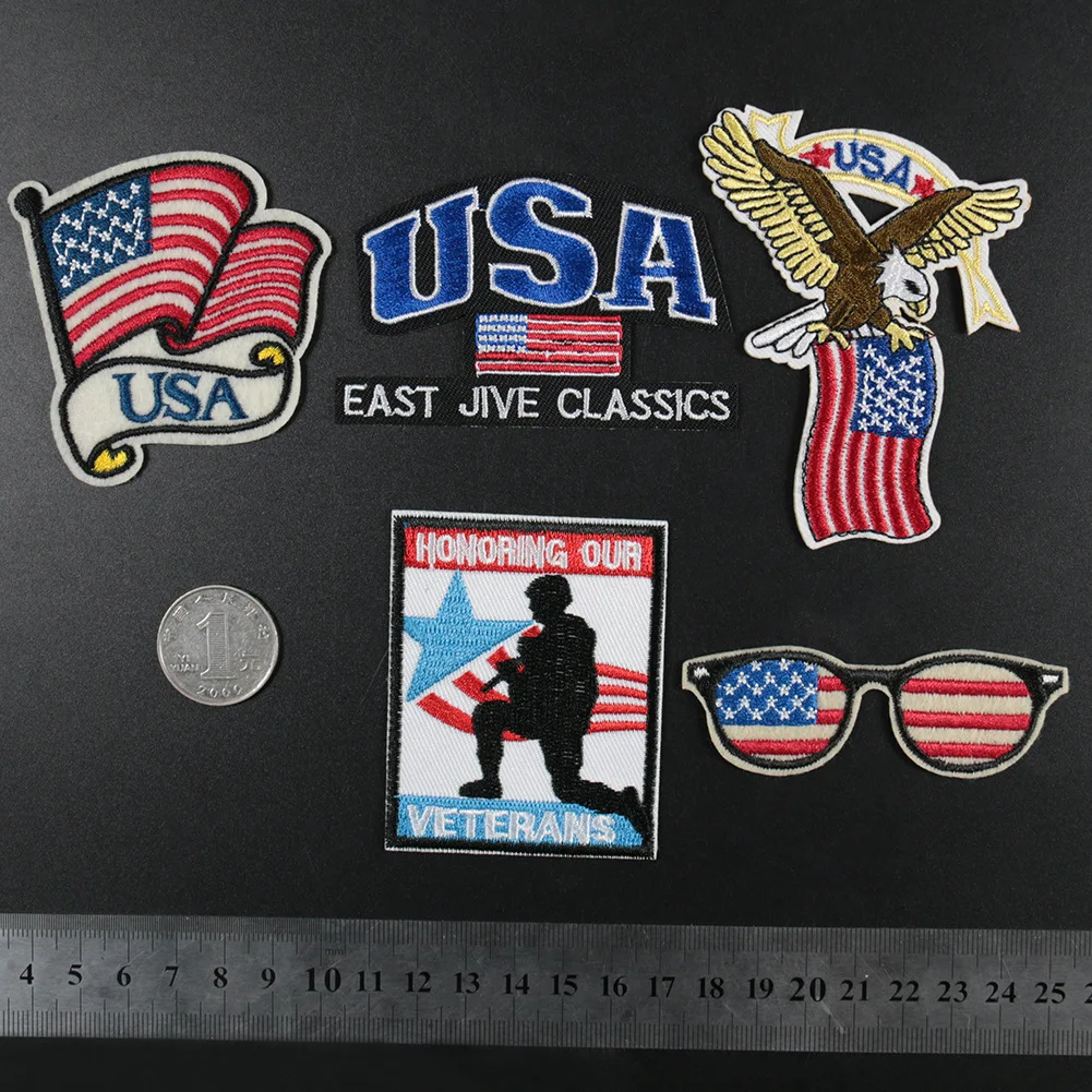 PGY U.S.A Embroidered Appliques Iron On Patches for Clothing Eagle Flag Stripe Badge Back Rubber U.S.A Embroidered Parches