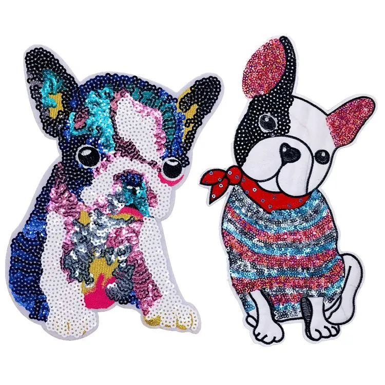 PGY Animal Big Patch Dog Bulldog Embroidered Sew On Cartoon Patches For Clothes Badge DIY Sequin Applique For T-shirt Stickers