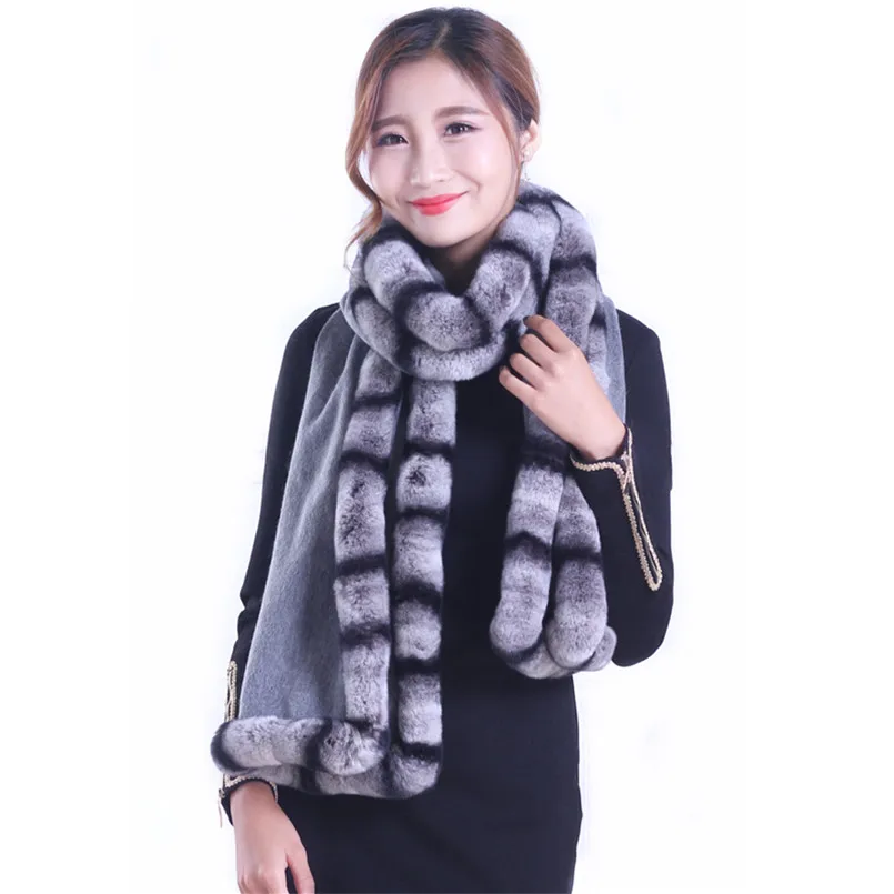 

soft fluffy shawl smooth plain stole women large thick perfect for winter outdoor 100% wool scarf real rex rabbit fur trim S48