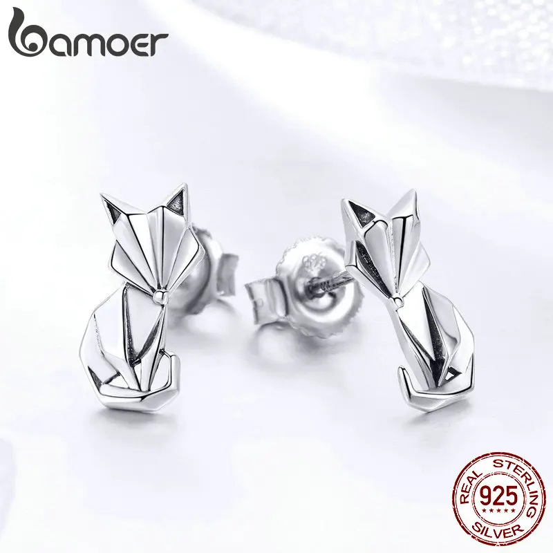 BAMOER Hot Sale Genuine 925 Sterling Silver Fashion Folding Fox Animal Stud Earrings for Women Sterling Silver Jewelry SCE526