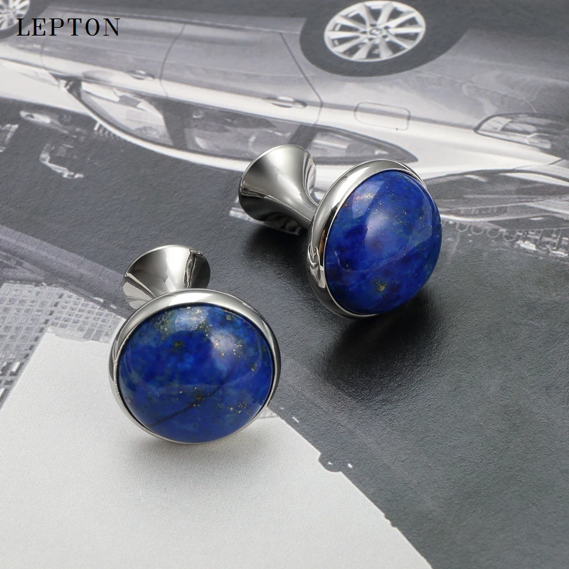 Low-key Luxury Lapis Lazuli Cufflinks for Mens Gold Color Lepton High Quality Round Lazurite Stone Cuff links Relojes gemelos