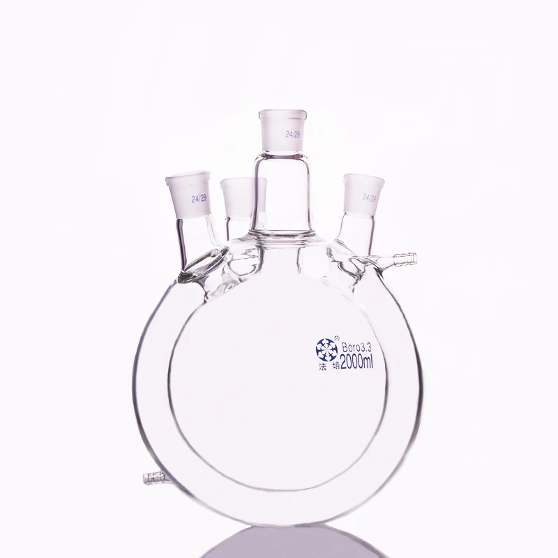 Double-deck spherical four icro oblique necks round bottom flask,Capacity 2000ml,Joint 24/29,Mezzanine jacketed reactor bottle