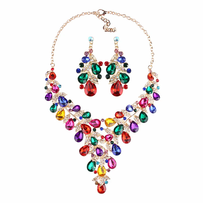 

New 7 Colors Luxury Crystal Statement Necklace Earrings Bridal Wedding Party Jewelry Sets Rhinestone Pendant Necklace Earrings