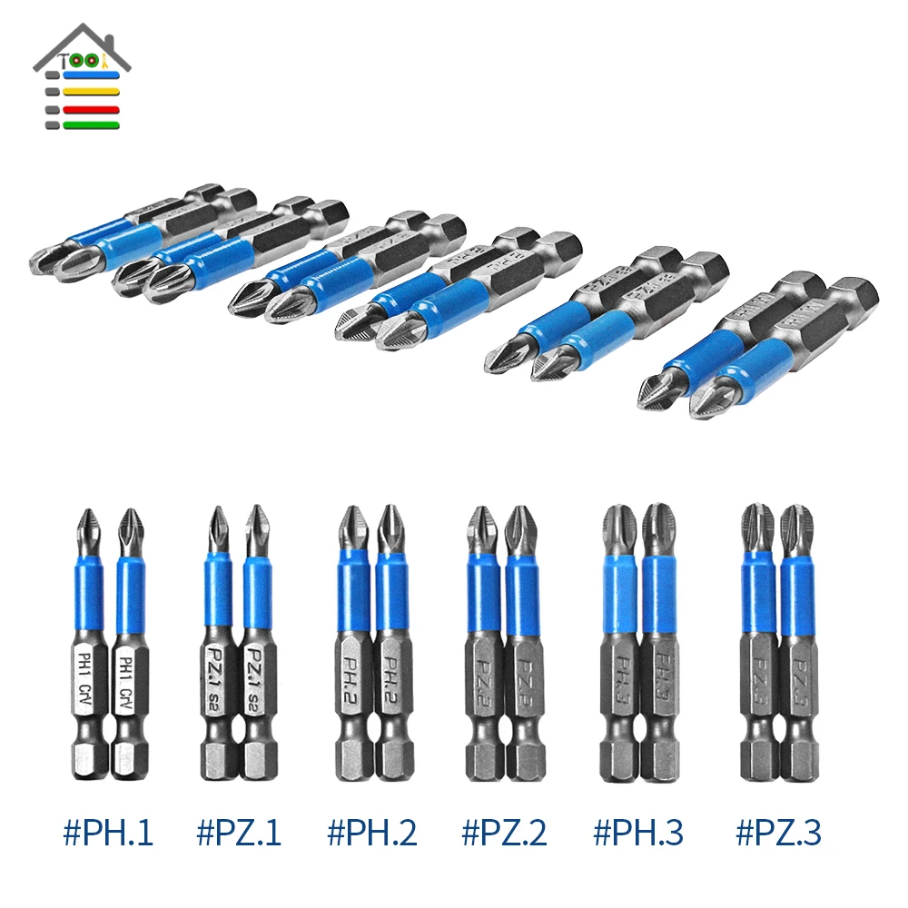 12Pcs Gcr15 Phillips Bits Hex Shanked Anti Slip Screwdriver Bits Magnetic Single Head PH1 PZ1 PH2 PZ2 PH3 PZ3 50mm Length