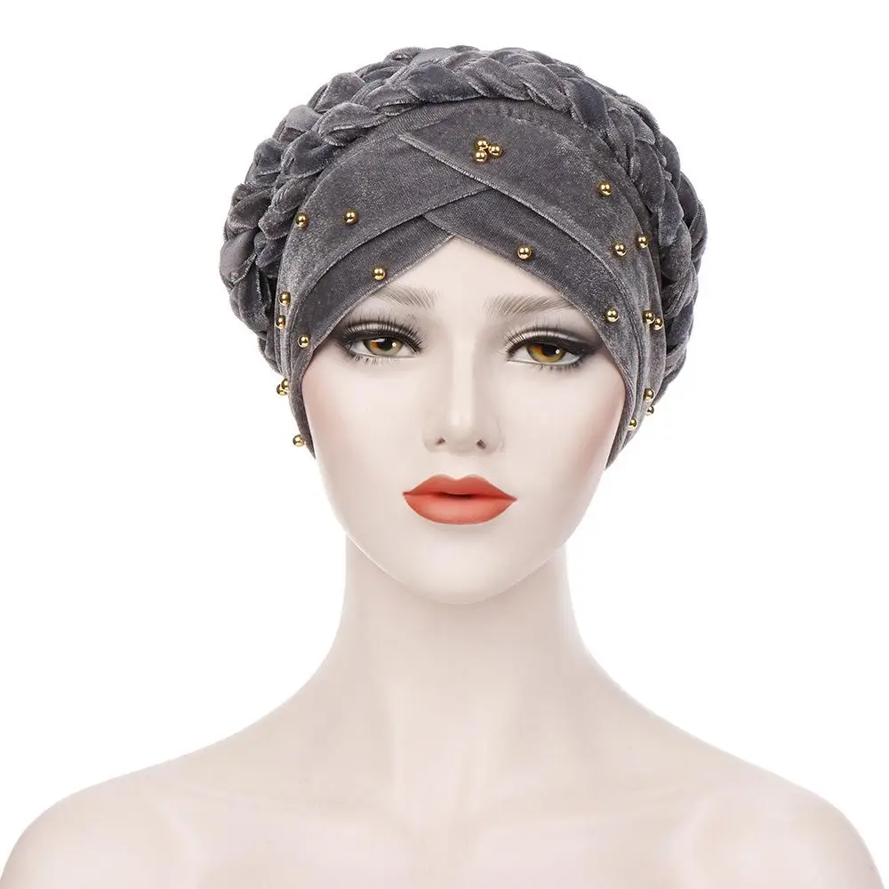 Muslim Women Stretch Braid Cross Velvet Beading Braid Turban Hat Scarf Cancer Chemo Beanie Cap Headwear Head Wrap Accessories