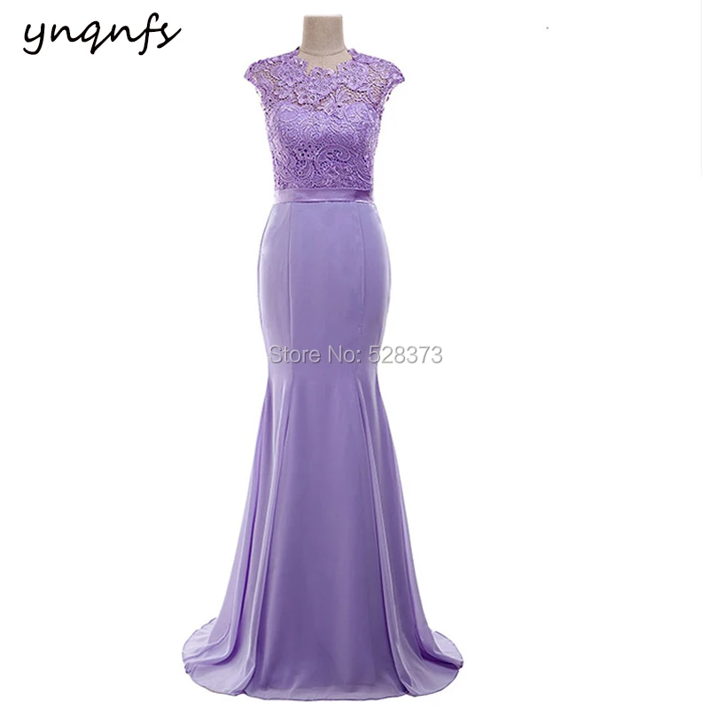 

YNQNFS M39 Elegant Lilac Chiffon Dress Cap Sleeve Mermaid Party Gown Vestido Formal Lace Bridesmaid Dresses 2020