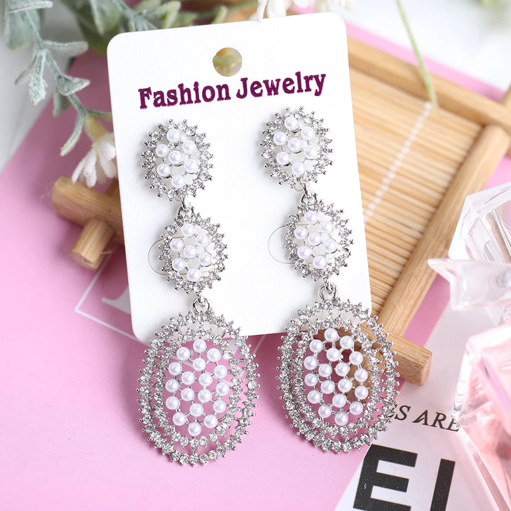 VEYO Vintage Pearl Long Earrings Classic Full Pearl Rhinestone Drop Crystal Earrings for Women Fashion Jewelry Gift image 5
