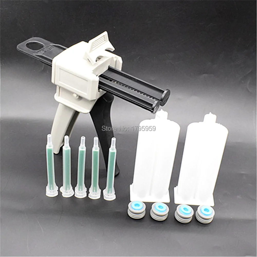 50ml 1:2 AB pistola per colla Dispenser pistola per calafataggio a mano con 2 pezzi 50ml 1:1 cartuccia vuota a doppia canna e Set di ugelli per miscelazione statica 5pc