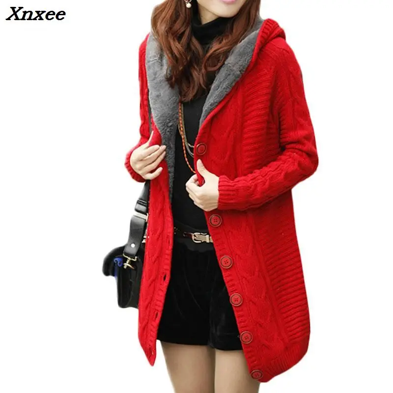 

2018 New Winter Hooded Cardigan Women Cashmere Sweater Red White Coat Thick Warm Sueter Mujer Long Sleeve Female Knitted Outwear