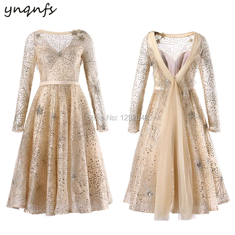 YNQNFS – Robe de Cocktail en tulle, Vintage, paillettes, Sexy, dos nu, manches longues, or, robes de fête, mère, 2020