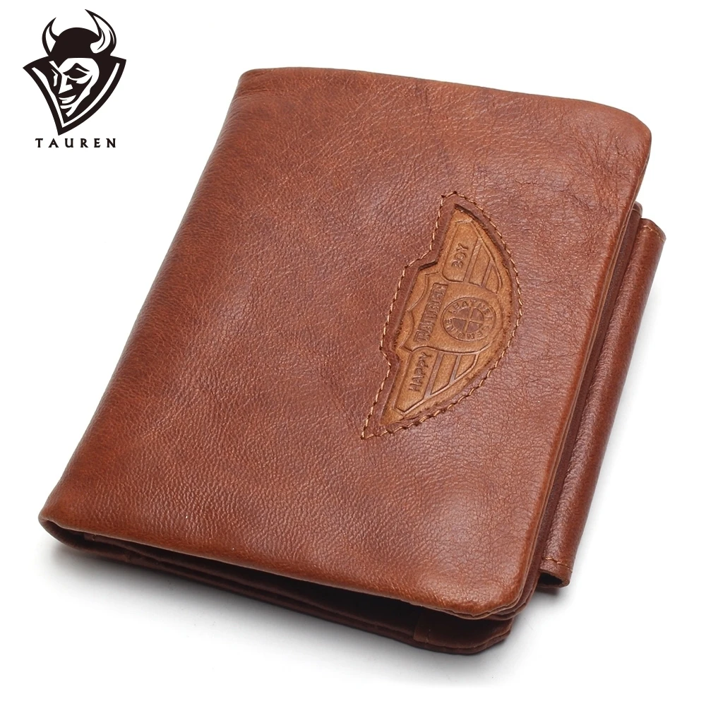 TAUREN Men Wallet 100% Design Trifold Wallets Fashion Purse Card Holder Man Genuine Leather With Zipper Coin Pockets