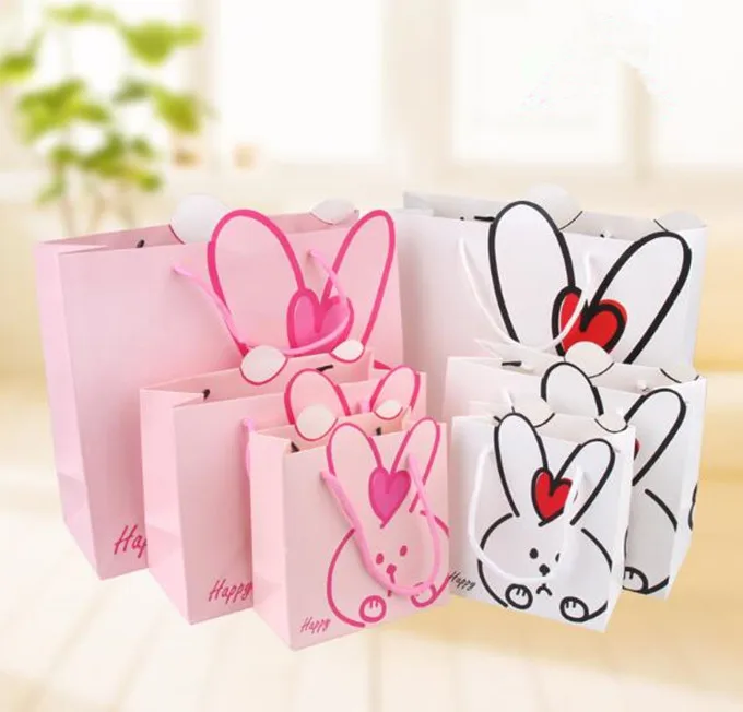 

Wholesale 100PCS/LOT Pink White Cartoon Lovely Rabit Paper Bag/Paper Gift Bag Best Gift For Children Birthday