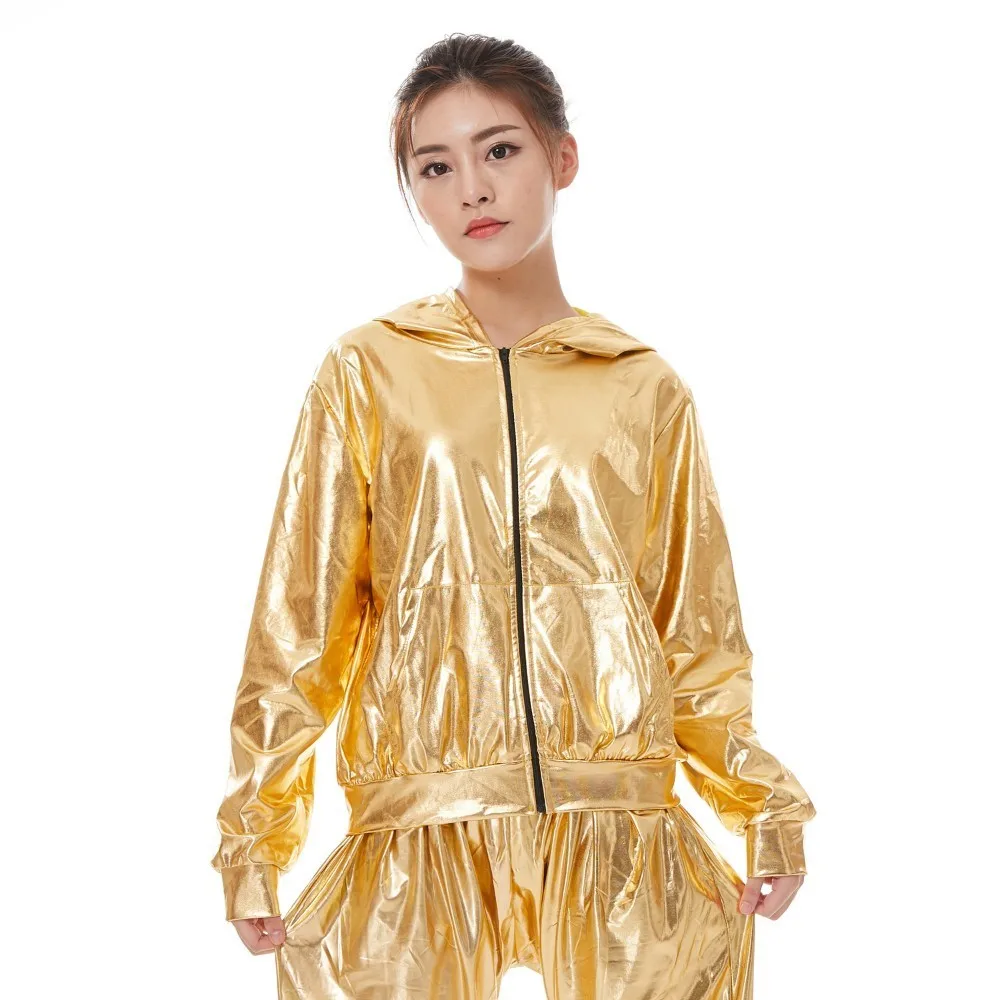 Heroprose Spring Autumn Kid Audlt Bomber With Pockets Jacket Gold Stage Performance Paillette Feminina Casaco Hip Hop Dance Coat