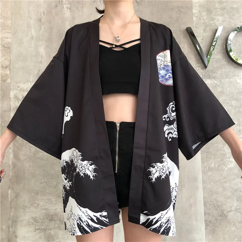 Giacca estiva nera sottile Kimono donna Cardigan allentato con cintura Vintage stile giapponese cappotto con protezione solare giacca a vento capispalla