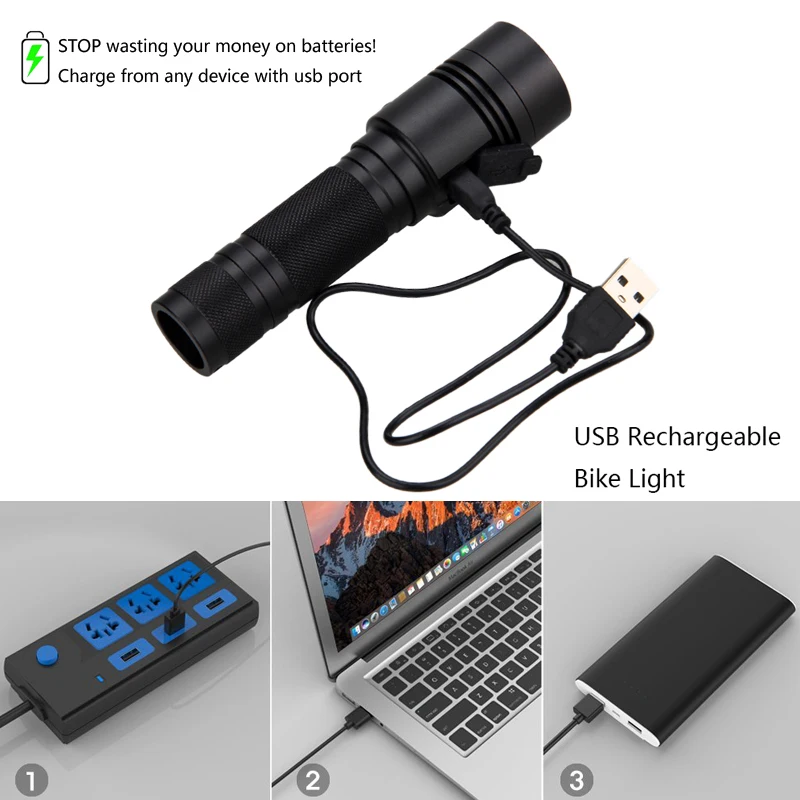 VASTFIRE 10W 800lm LED USB Rechargeable Military Flashlight IP65 Torch Hunting Lamp 4 Modes High-Low-Strobe-sos