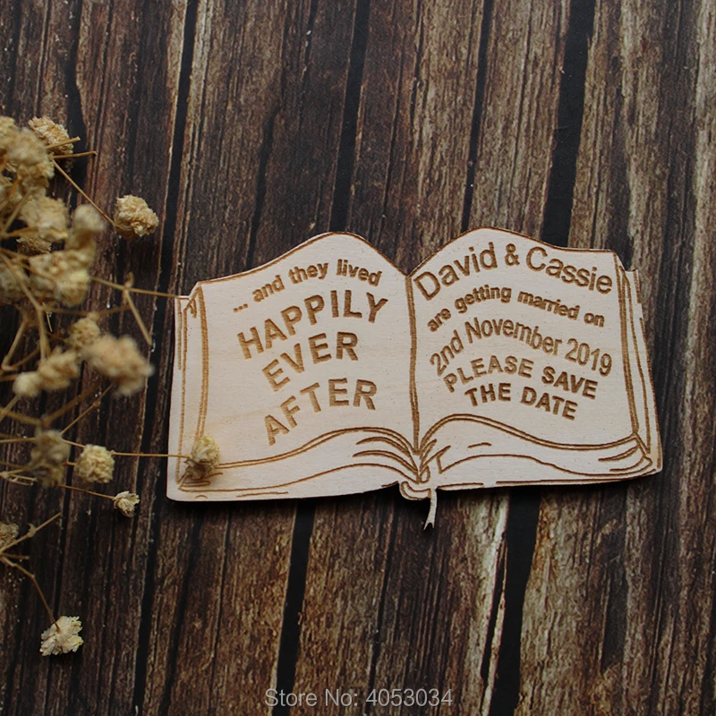 

Fairytale Book 'Happily Ever After...' Personalised Wooden SAVE THE DATE Fridge Magnets