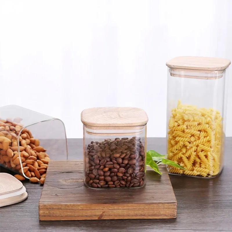 Glass Sealed Jars Cans With Bamboo Lid Tea Coffee Sugar Kitchen Storage Bulk Food Container Set Organization Mason Jar Square