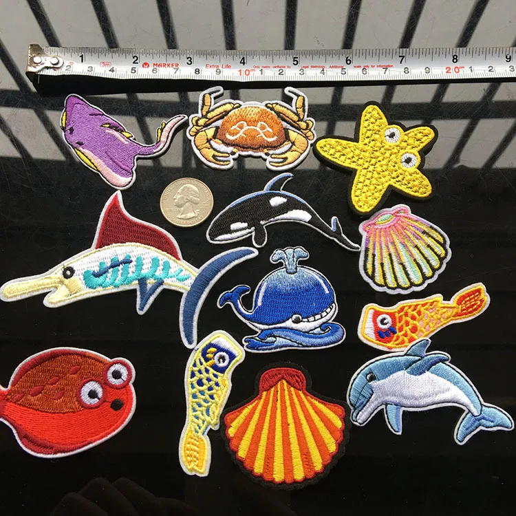 Cartoon Ocean Animal A set Whale Shark Marine Organism Turtle Iron On Embroidered Clothes Patches For Clothing Wholesale Badges