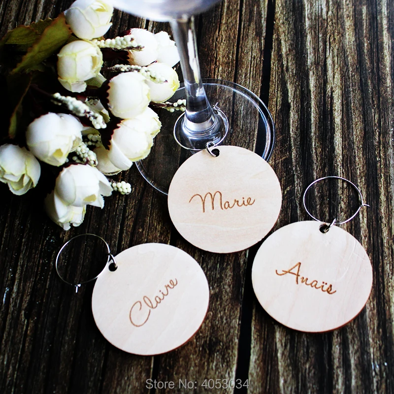 Personalised circular shaped glass charm, Wedding Favour Ideas, Wooden Wine Glass Charms, Name place settings, favours, Hen Do C