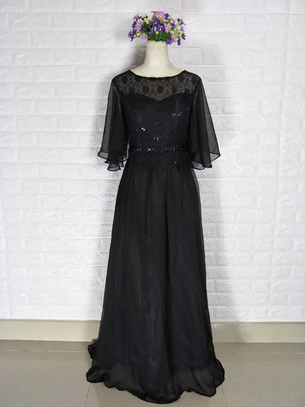 Robe asymétrique avec veste, asymétrique épaule dénudée, ligne a, en mousseline, avec mancherons, dentelle noire, faite à la main, pour mère de la mariée, personnalisée, livraison gratuite, 2018