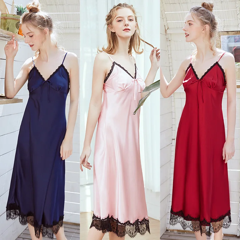 Free shipping 2022 new  Real Silk Sexy nightdress Woman Long Fund Concise Camisole Night Skirt Home Furnishing Serve