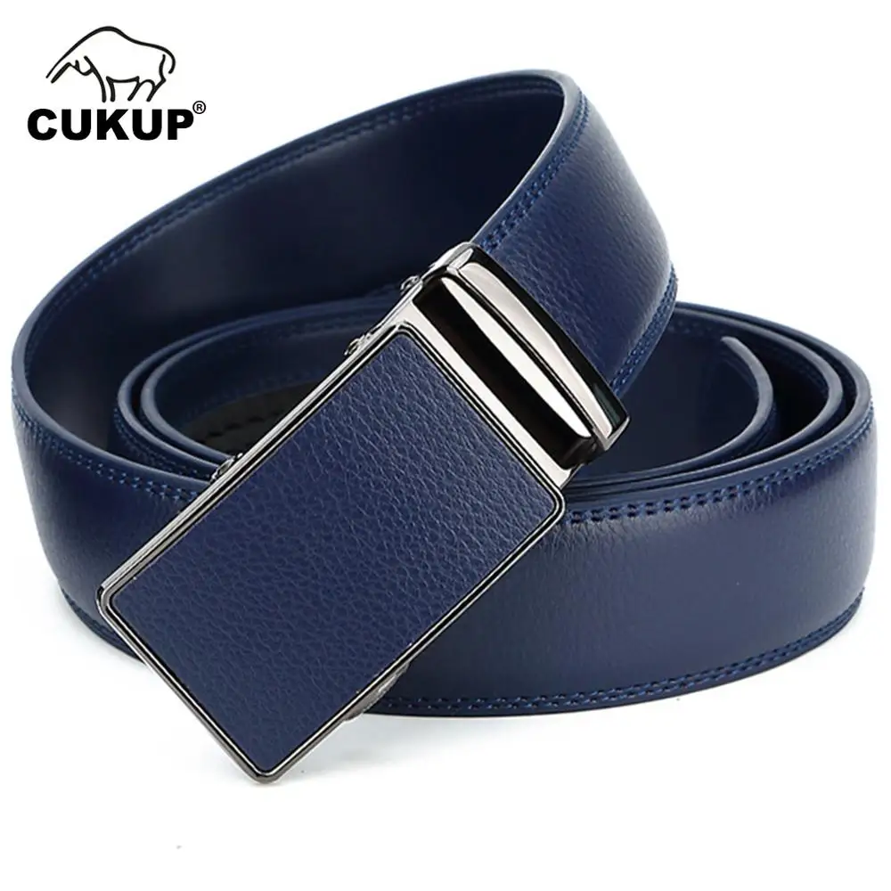 

CUKUP Men's New Design Quality Blue Genuine Leather Dress Belt Ratchet Automatic Buckle Belts for Men 2022 New Designers NCK710