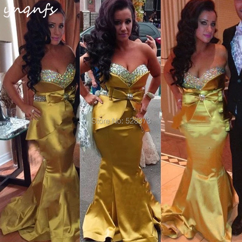 YNQNFS Gold Crystal Dress Sleeveless Satin Mermaid Party Prom Dresses Elegant Mother of the Bride Gown M23