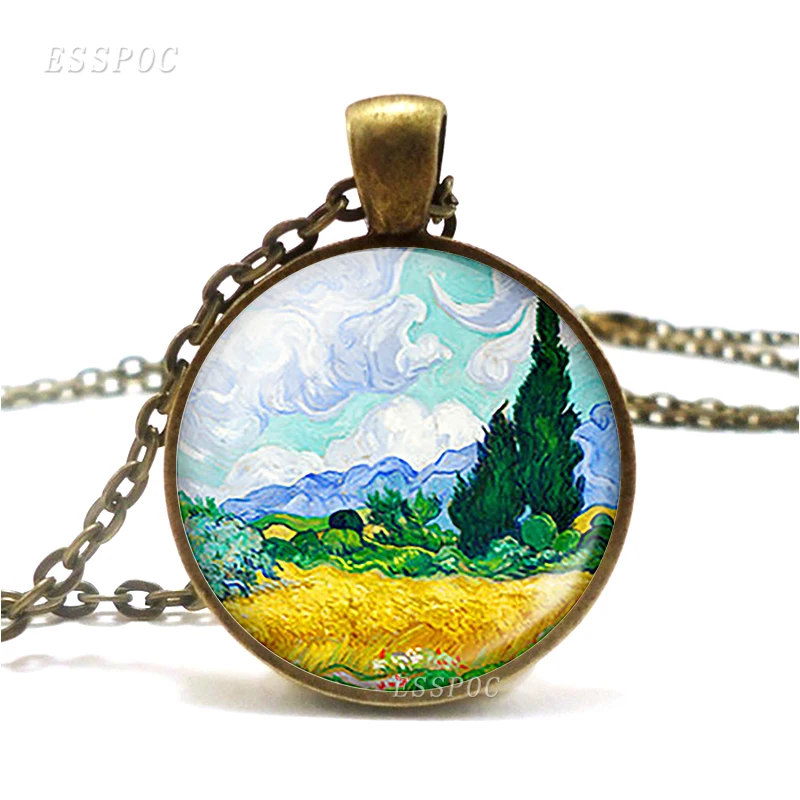 Van Gogh Art Oil Painting Starry Night Sunflower Necklace Glass Cabochon Jewelry Beautiful Pendant Bronze Necklace Birthday Gift