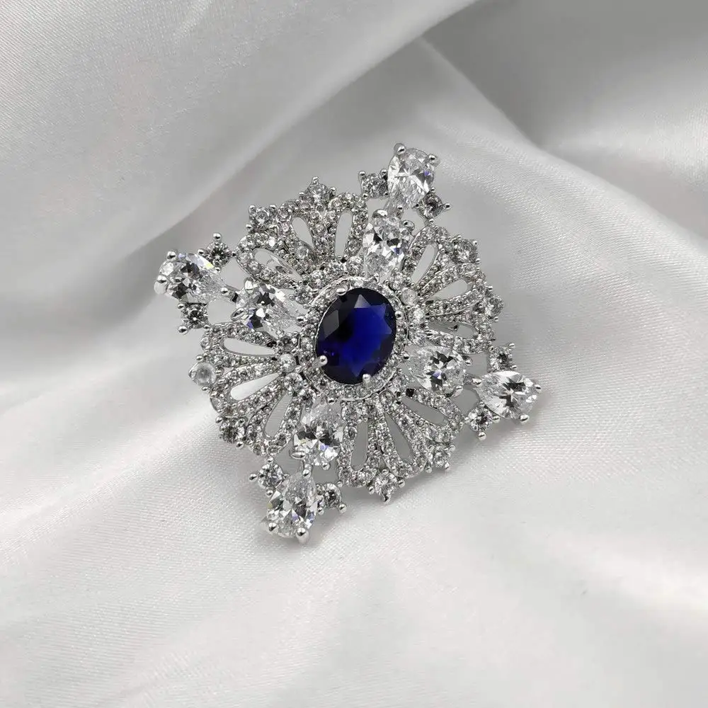 Royal Vintage CZ Loop Ribbon Oval Cut Blue CZ Stone Square Brooch Art Deco Pins Princess Jewelry for Women Outfit Dressy Jewelry