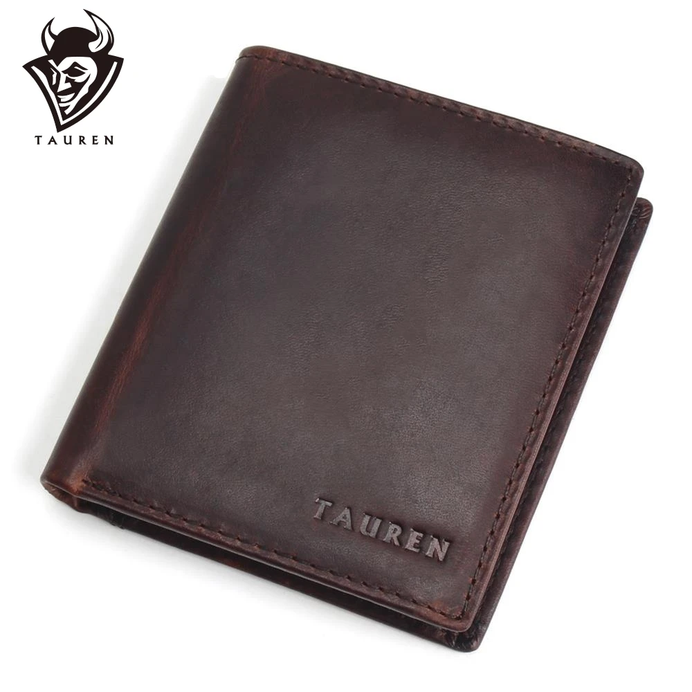 TAUREN Men Wallets Vintage Crazy Horse Genuine Leather Zipper Wallet Card Holder Coin Pocket Men's Purse Male Carteira