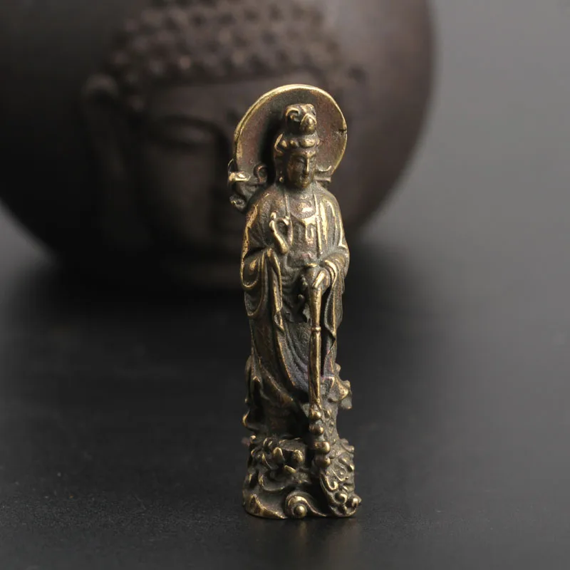 Small Curio Chinese Bronze Buddhism Kwan-yin Guan Yin Lotus Flower Pendant