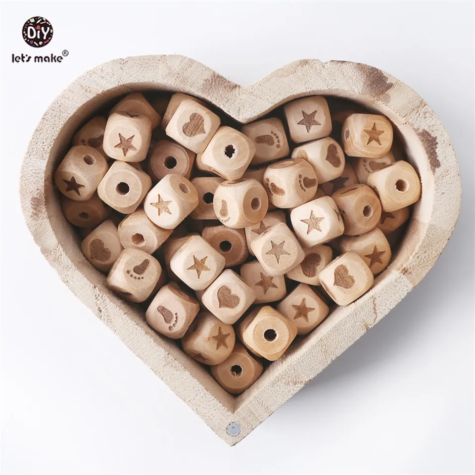 Let's Make Baby Teether 10pc 12 mm Wood Beads Heart Star Ankle Food Grade Wooden Teether DIY Necklace Teething Toys Baby Product