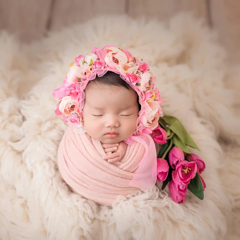 

handmade Lovely pink bonnet cap Vintange newborn floral hat photography props Baby gril flower hat